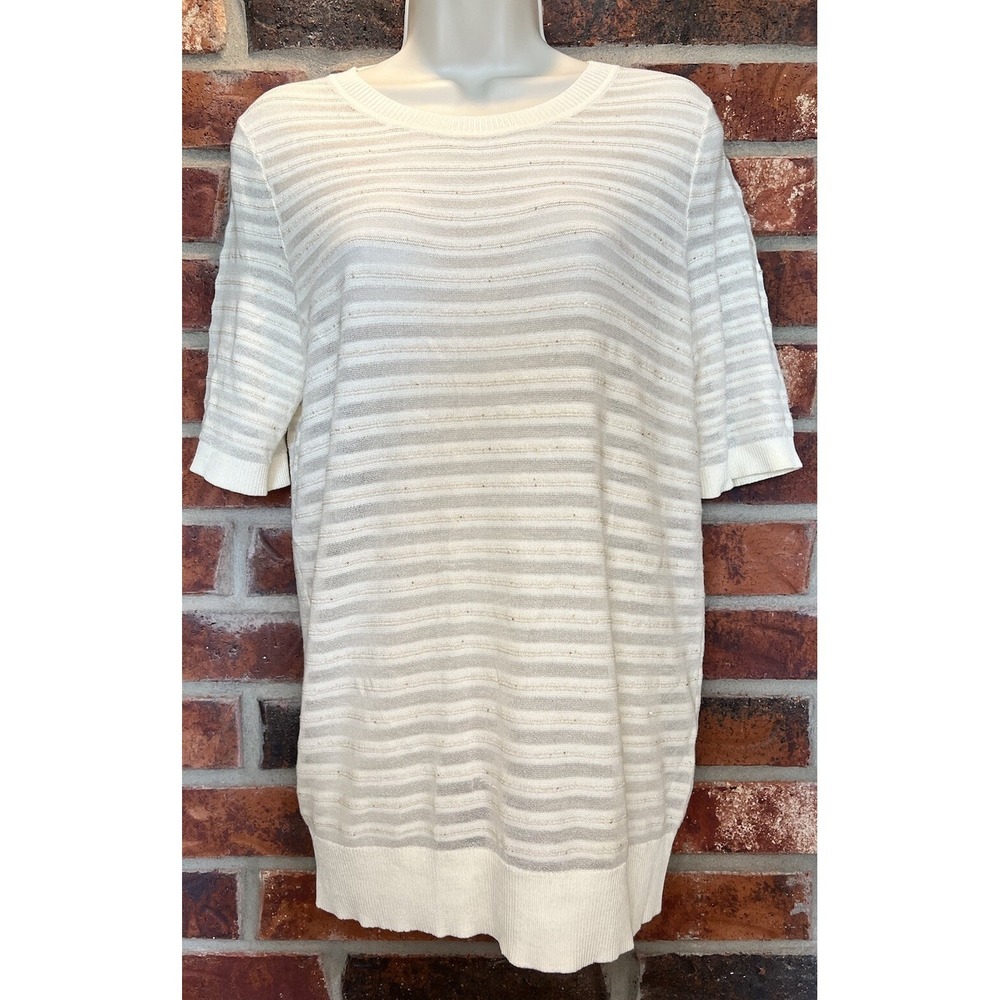La Fayette 148 New York Lyocell Silk Blend Striped Cream Short Sleeve Top Size S